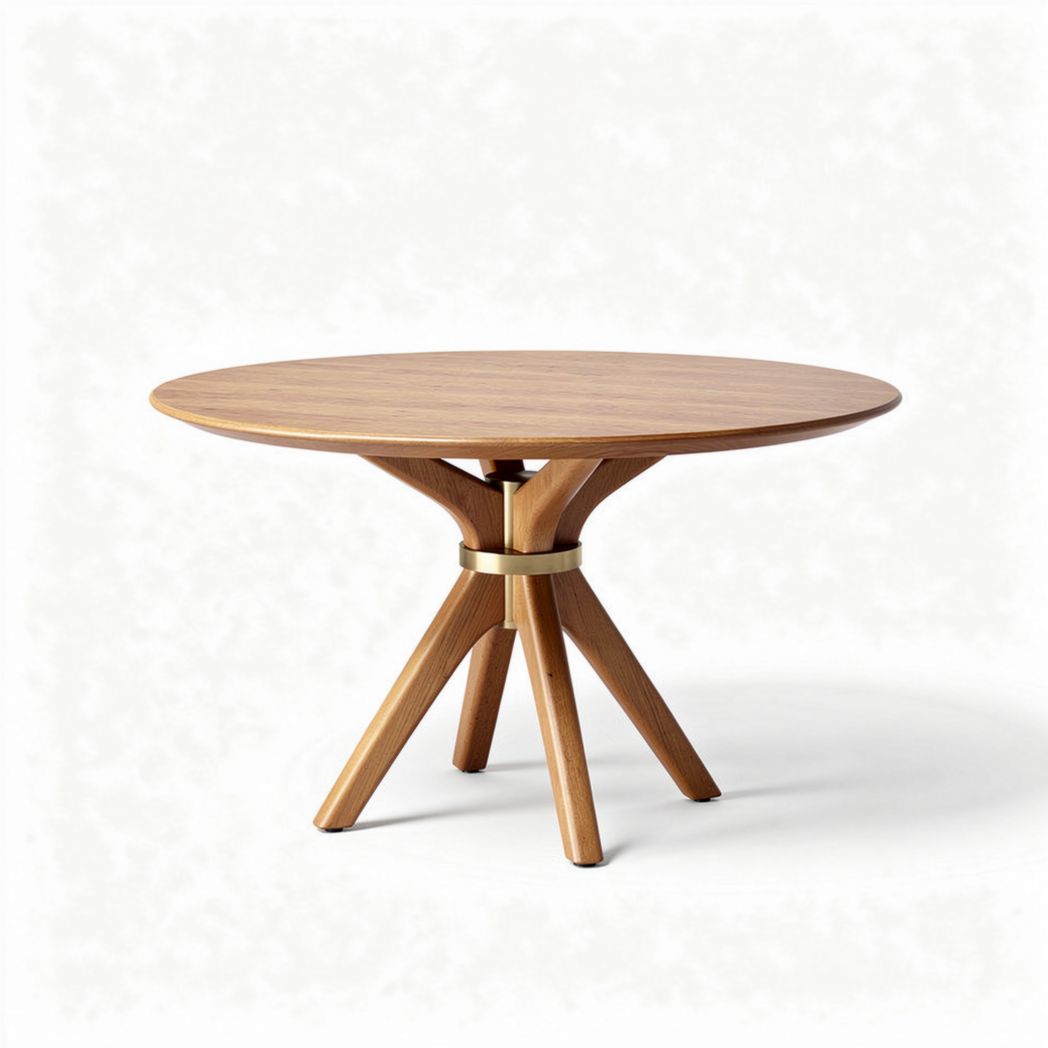 Round wooden dining table with brass accent legs 90 x 90 x 75cm