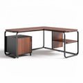L-shaped corner desk with storage cabinet and open shelf in walnut finish
