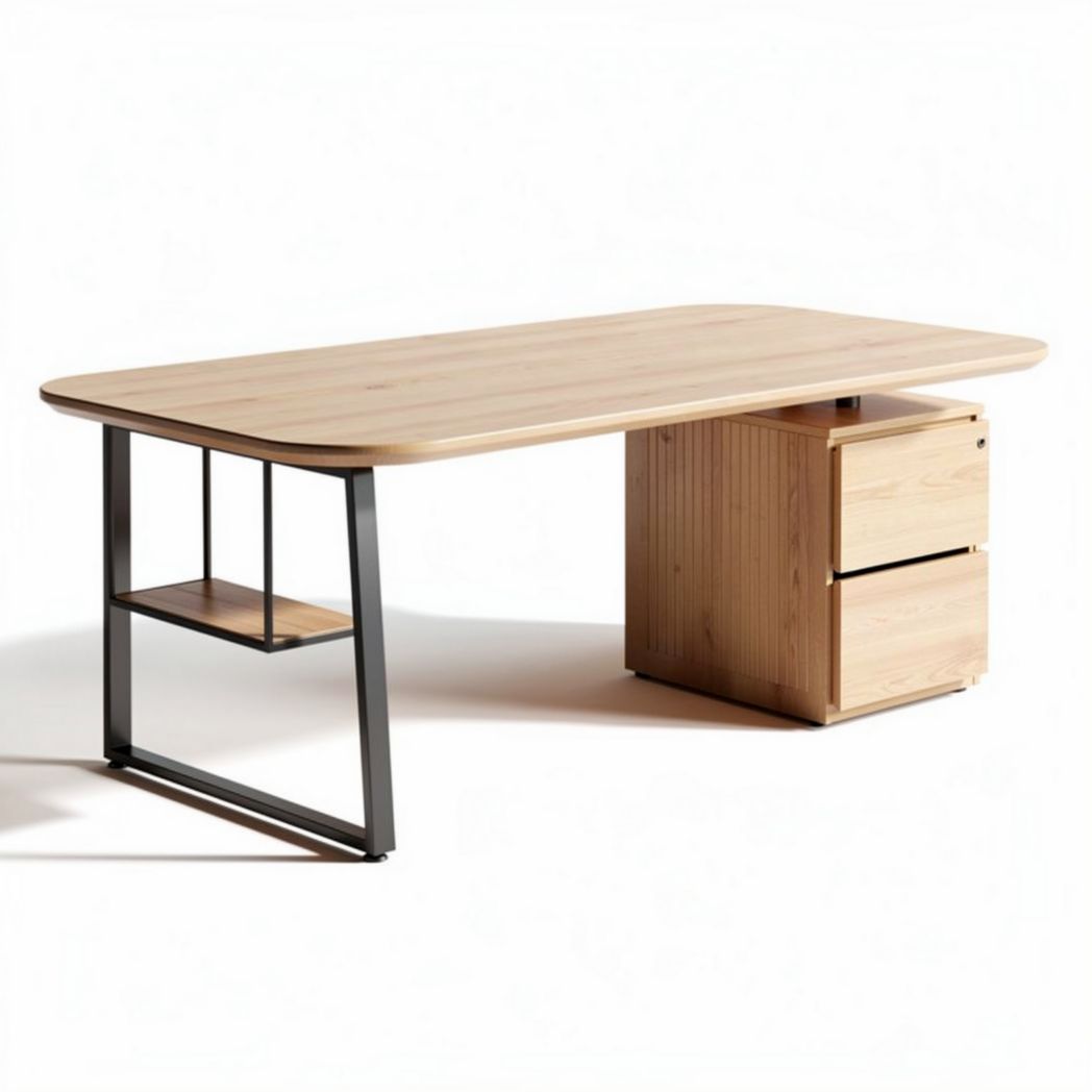 Wooden office desk with storage unit and metal frame 150 x 75 x 75cm
