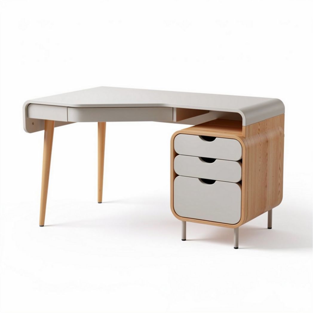 Modern wood and metal corner desk with three drawers in white size 120 x 60 x 75cm