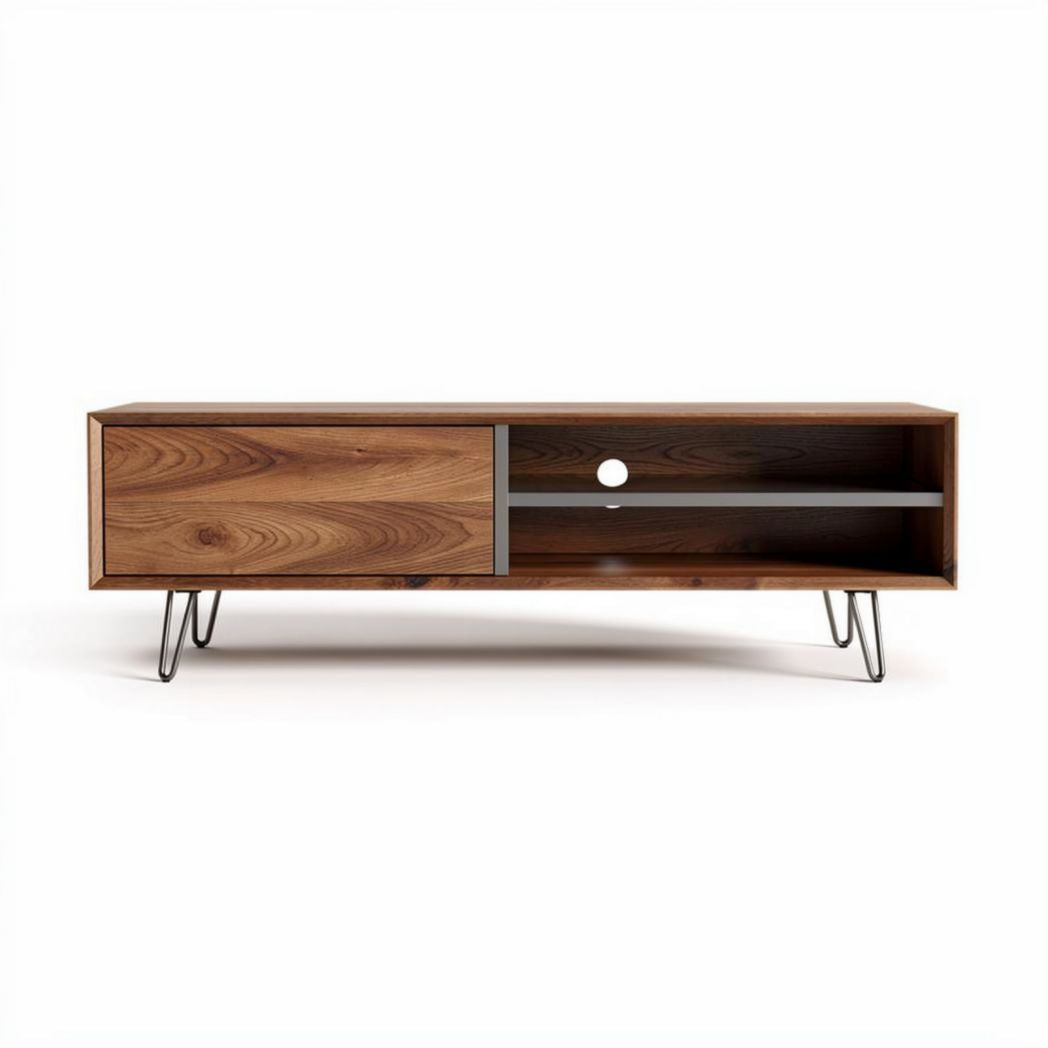 Wooden TV stand with metal legs and storage drawer 120 x 40 x 45cm