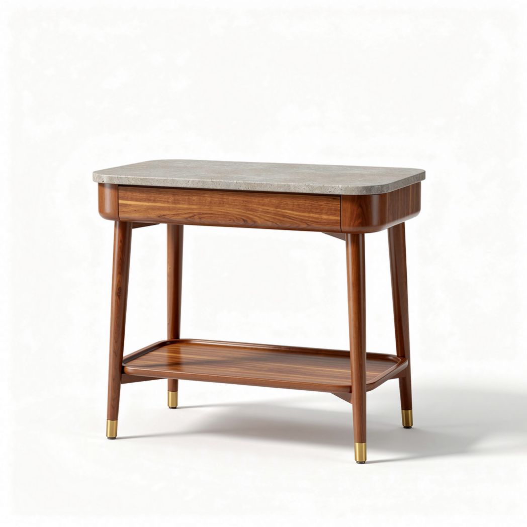 Wooden side table with marble top and lower shelf 60 x 40 x 50cm