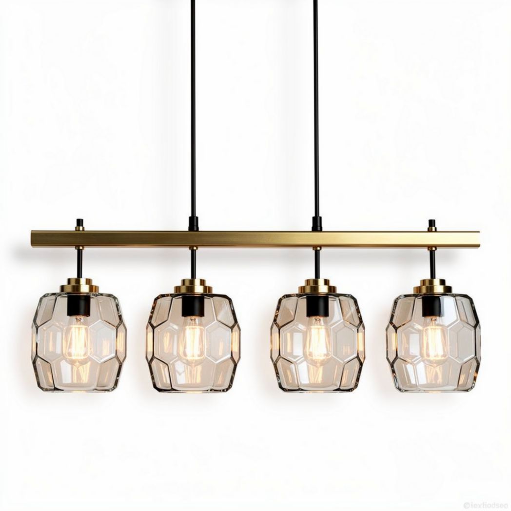 Four-light metal pendant lamp with honeycomb glass shades 40 x 20 x 20cm