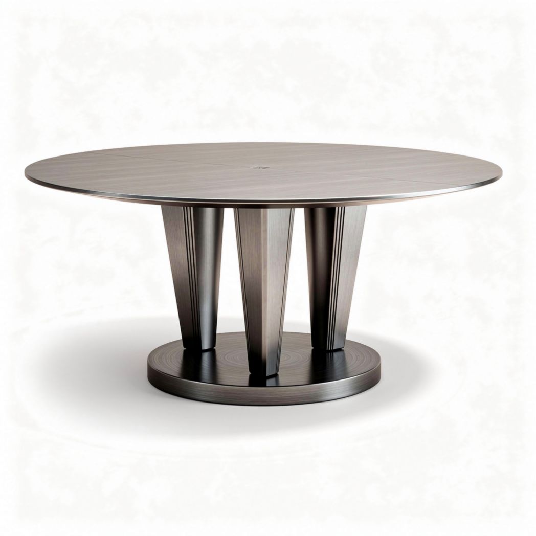 Round dining table in silver metal finish with a sleek modern design