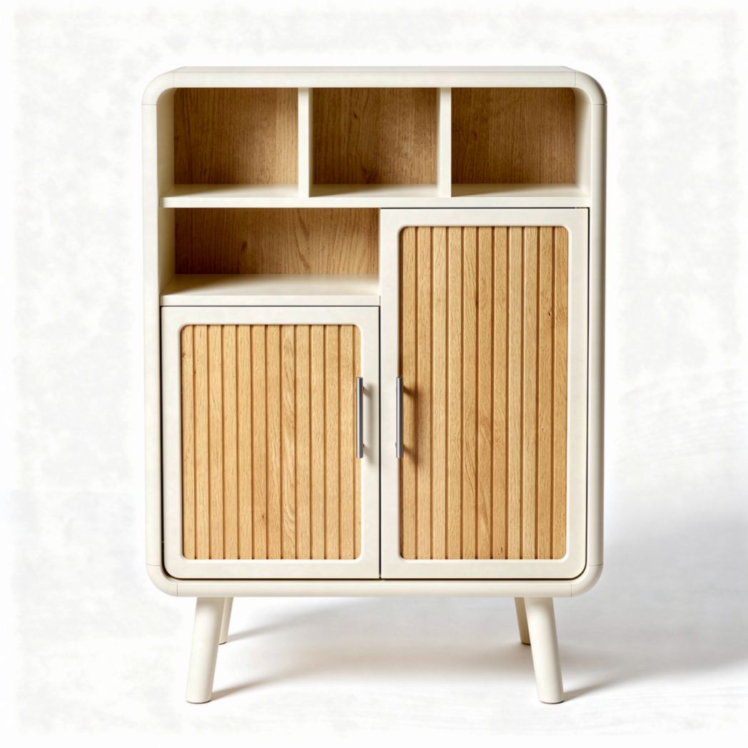 Wood and white modern storage cabinet with open shelves and doors 80 x 40 x 100cm