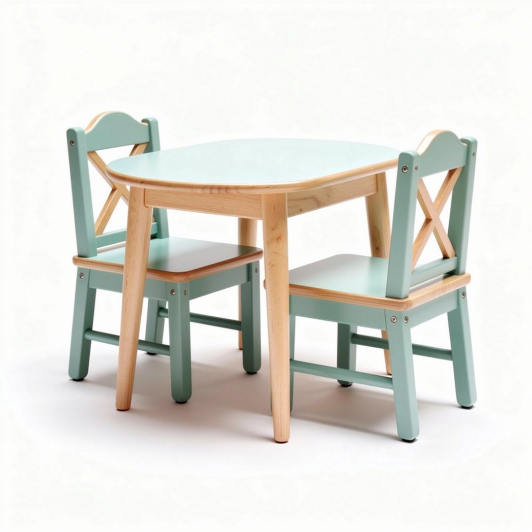 Kids wooden table with two chairs in mint green finish 80 x 60 x 50cm