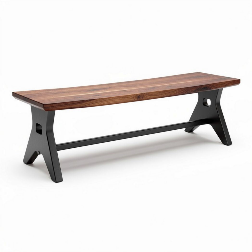 Walnut wood bench with black metal frame for indoor and outdoor use 180 x 60 x 45cm